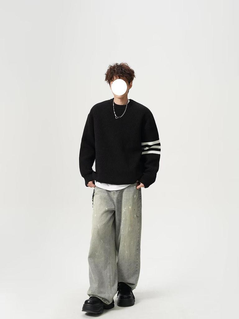 Men's Trendy Solid Color Round Neck Knitted Sweater - Autumn/Winter Casual Long Sleeve Korean Style Base Layer