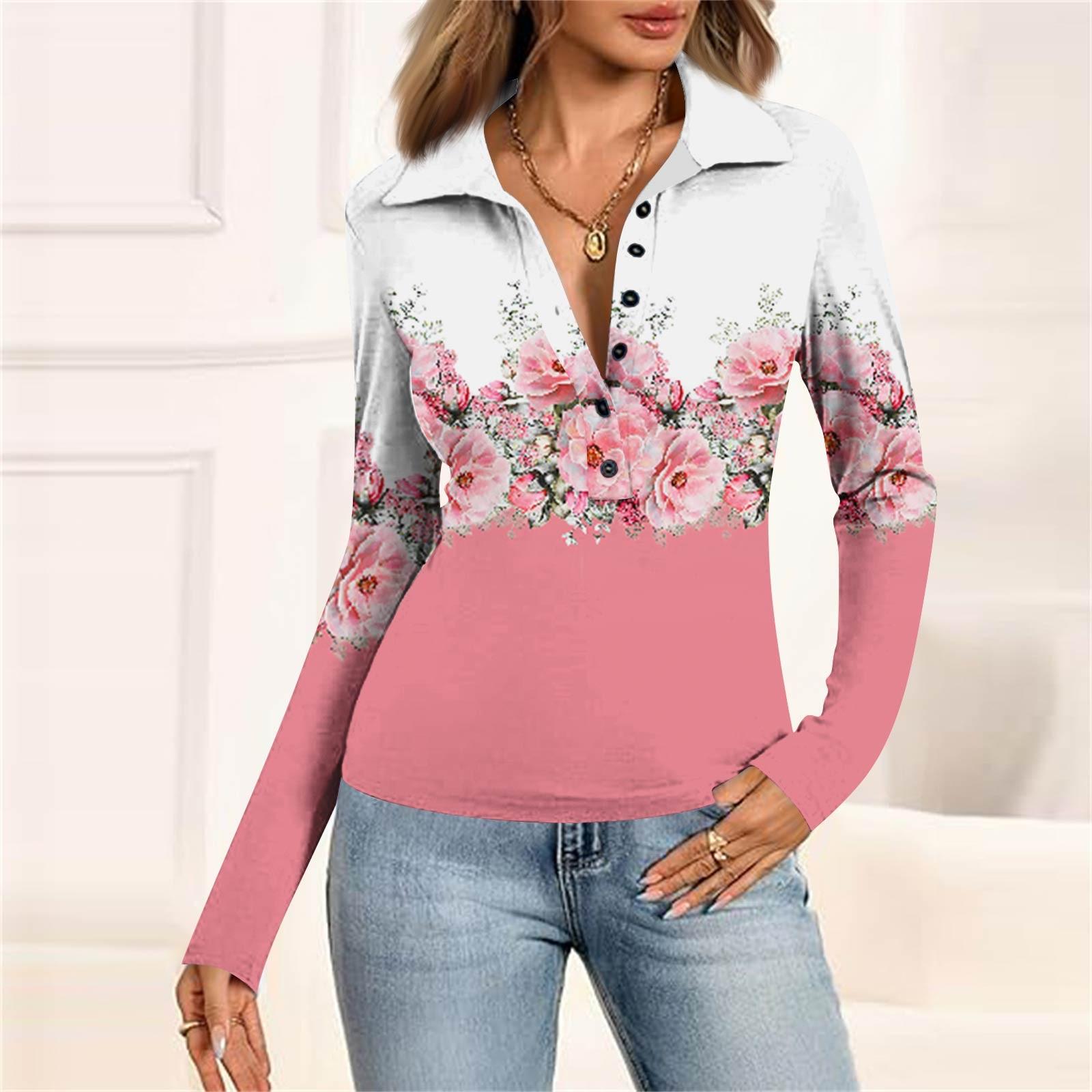 

Женская мода Повседневный принт V-образный вырез Длинный рукав Застегивающаяся на пуговицы блузка XL розовый