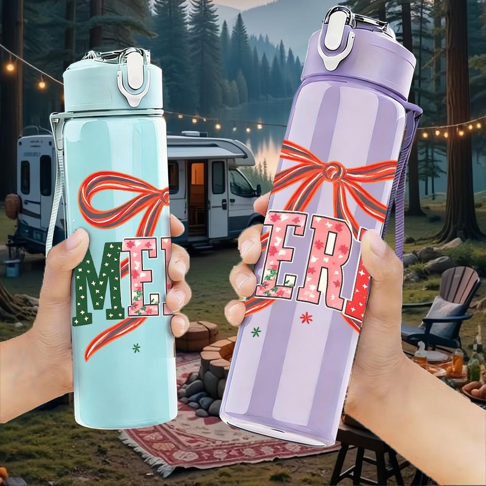 1PC Merry Red Bow Letter Print 750ml Color Plastic Sports Water Bottle Leakproof Flip Straw Lid Suitable for Sports Office Home Use