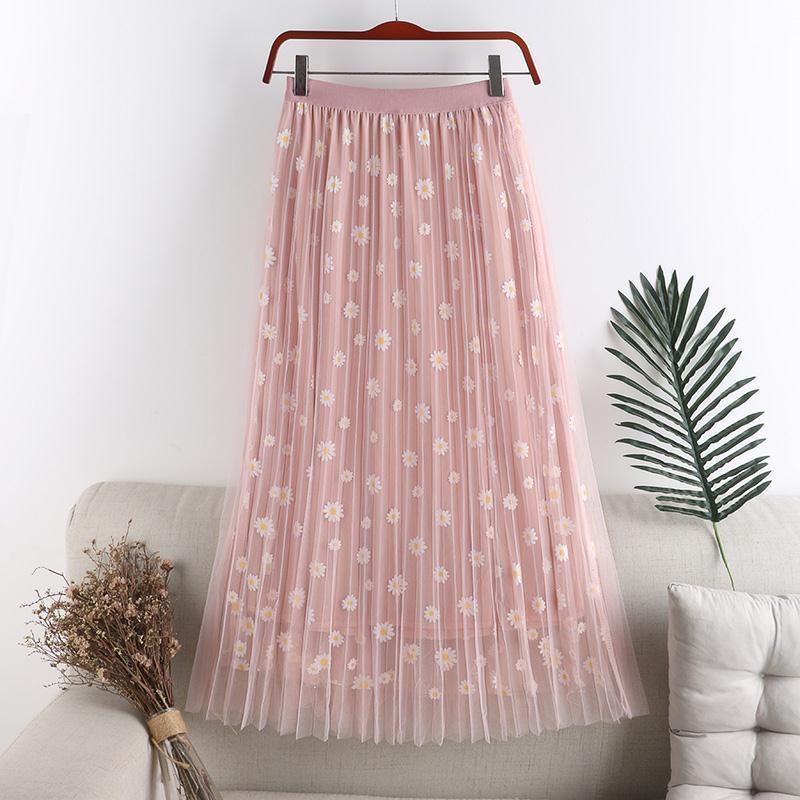 

Женская сетчатая юбка, тонкая юбка трапециевидной формы, маленькая ромашка с цветочным принтом и высокой талией, плиссированная юбка средней длины, украшение с принтом M розовый