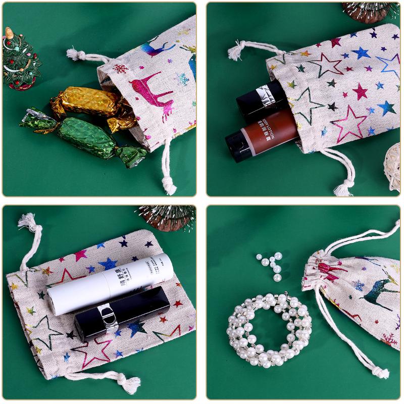 5 STÜCKE/Packung Weihnachtsgeschenktasche Baumwolle Leinen Kordelzugbeutel zur Aufbewahrung Snacks Süßigkeiten Schmuck Weihnachtsdekoration Geschenkverpackungsbeutel