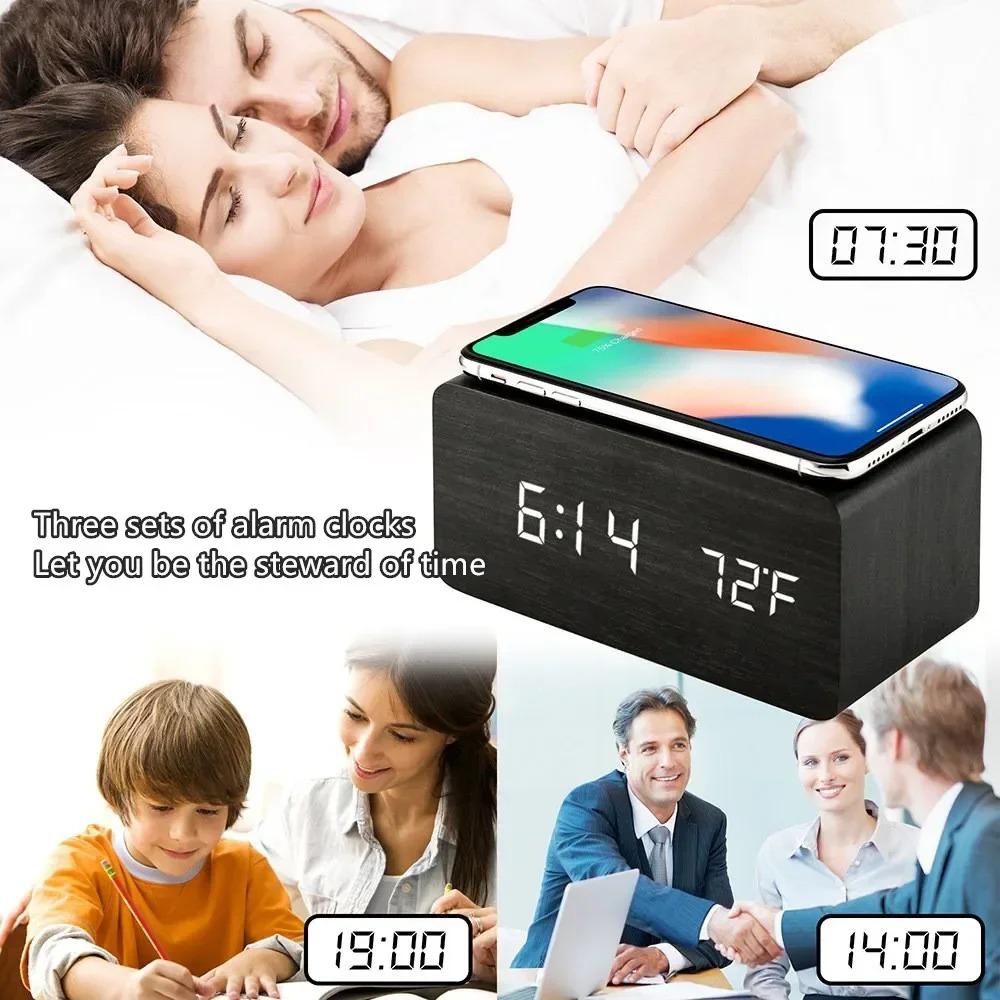 Wooden Digital Alarm Clock with Wireless Charging and LED Display, Time Date Temperature Desk Clock for Office and Bedside