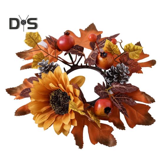 Høst Granateple Lyskrans Realistisk Simulert Lønneblad Lysgirlander med Solsikke Kongle Kunstig Lyskransring til Thanksgiving