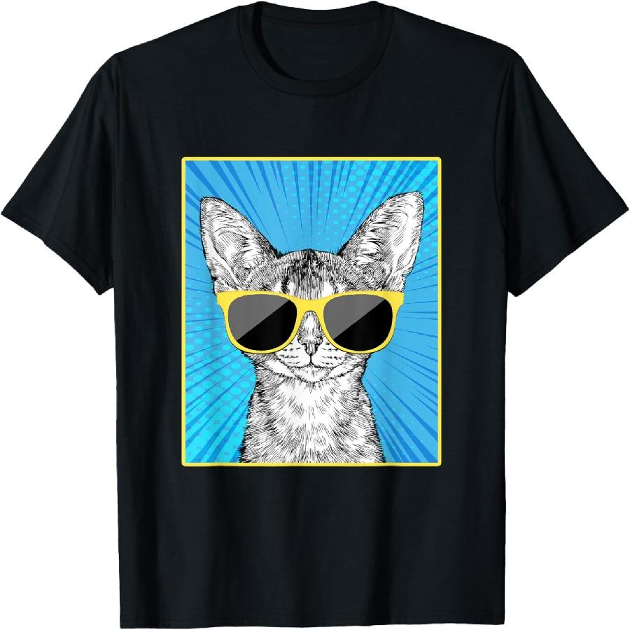 Abyssinian Cat Portrait Pop Art Cat with Sunglasses T-Shirt S