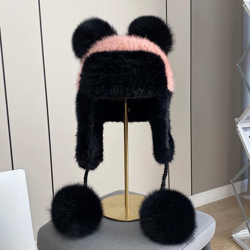 Winter New Warm Mink Hair Woven Lei Feng Hat Female Ear Protector Mink Hat Cute Fox Fur Ball Fur Hat