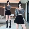 Elastic Waist Velvet Black Wide-Leg Shorts - Women's Thick A-line Booty Shorts for Early Autumn 2024
