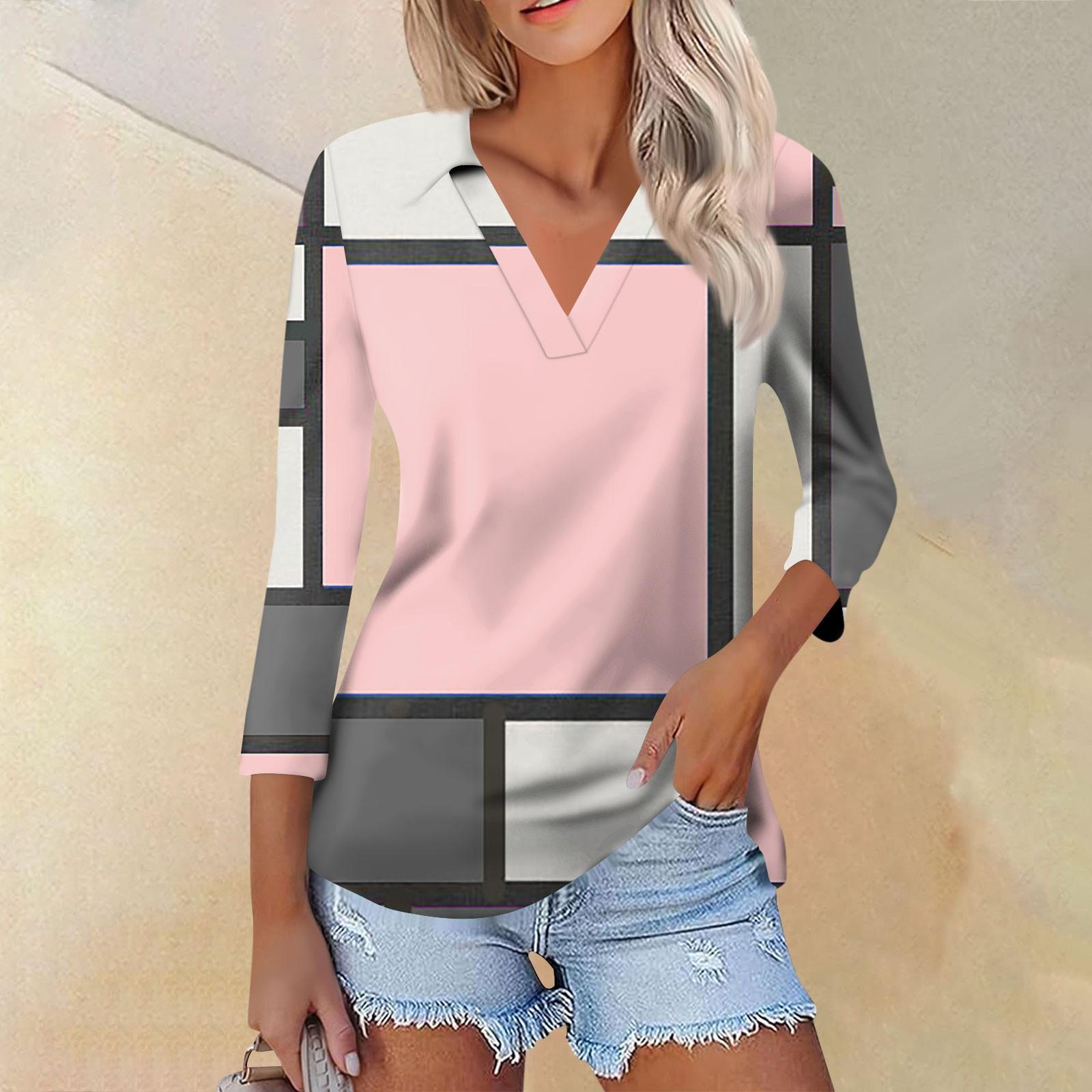 

Женская летняя модная повседневная рубашка с v-образным вырезом и семью рукавами с принтом, топ XXXL розовый