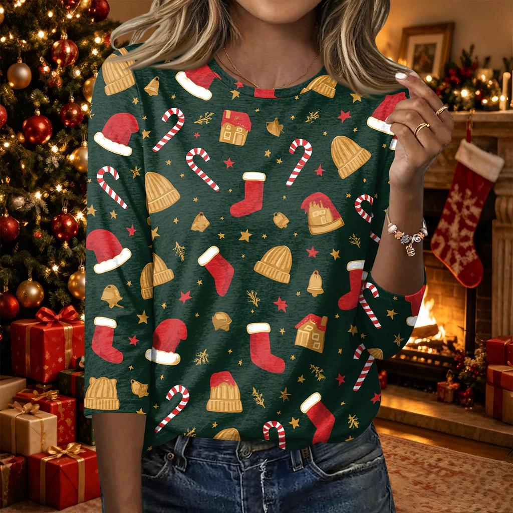 Women's Casual Christmas Print T-Shirt with Three-Quarter Sleeves and Neck Top