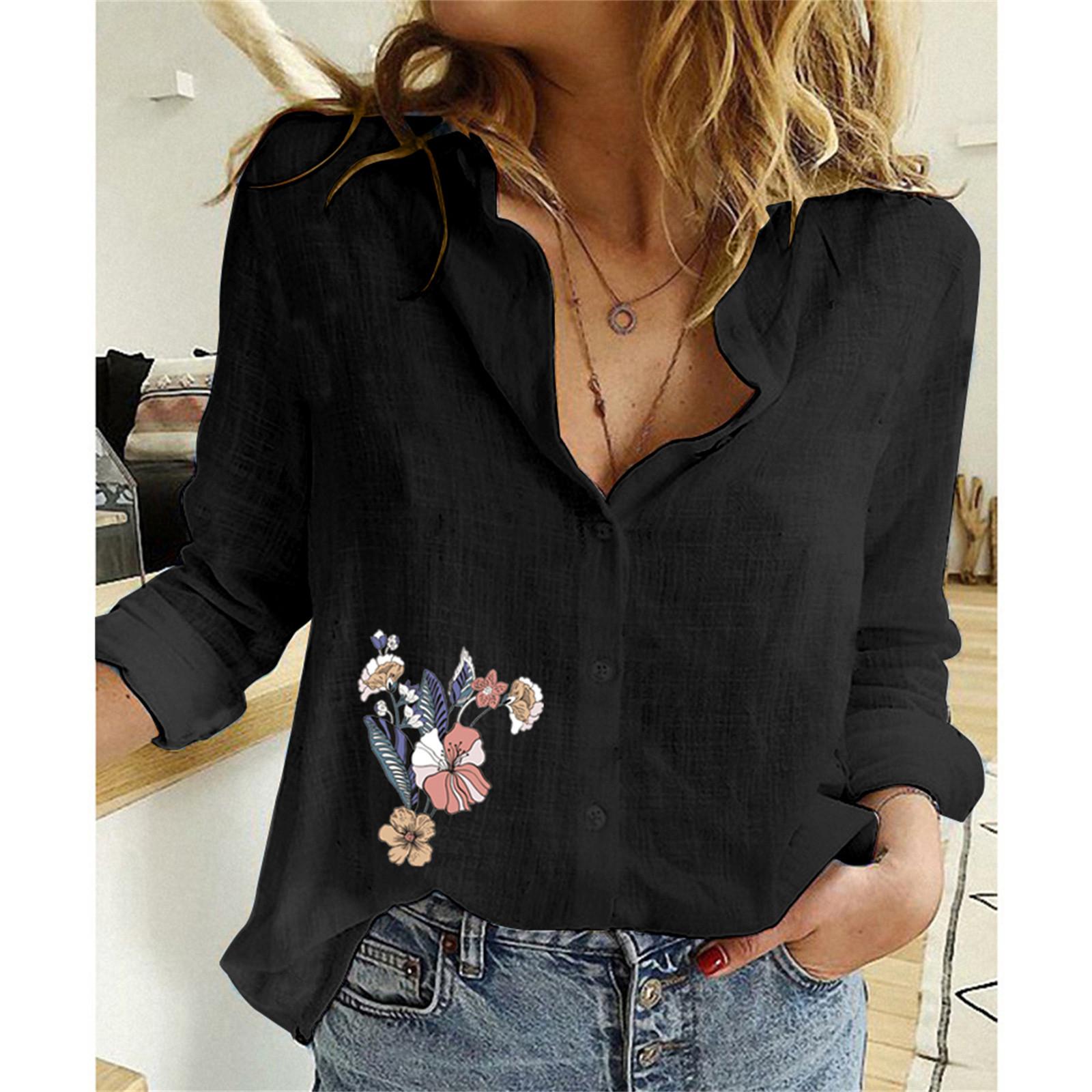 Women s Fashion Lapel Shirt Printed Long Sleeve Button Up Shirt Casual Tops M