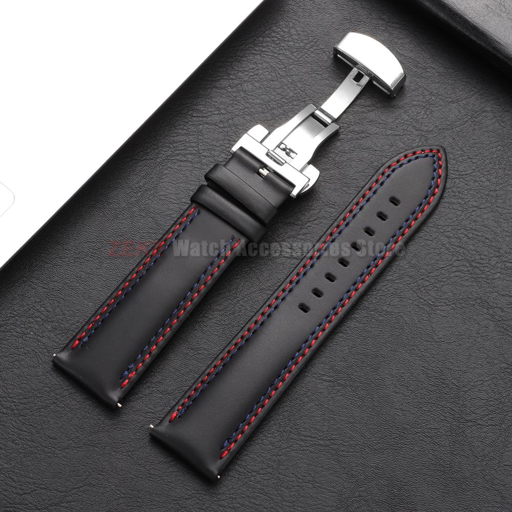 Doppelt genähtes Echtleder Uhrenarmband 20mm 22mm 24mm Armband für Seiko Faltschließe Rindslederband für Omega Uhrenarmband