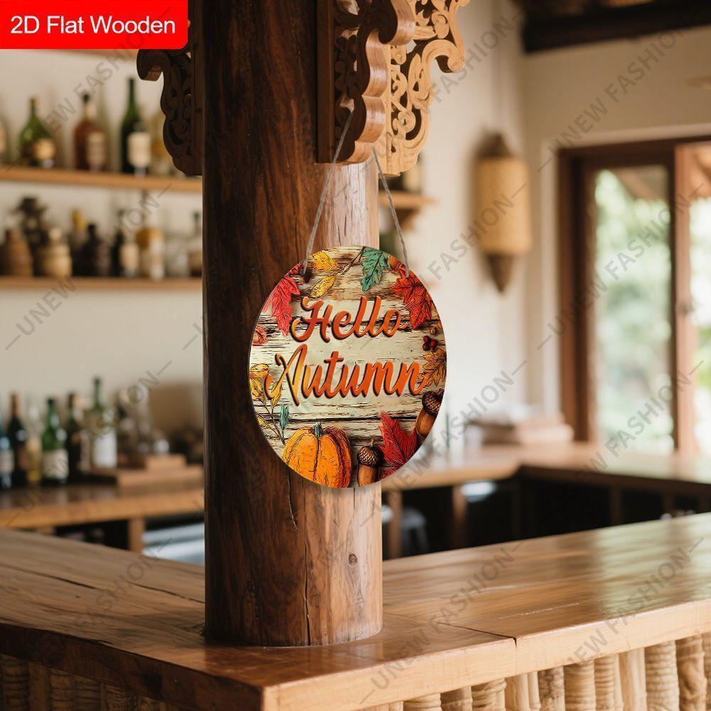 Hello Autumn Pumpkin Acorn Maple Leaf Round Wooden Hanging Sign, 2D Flat Printed Fall Front Door Decor, Vintage Farmhouse Autumn Wall Ornament Gift