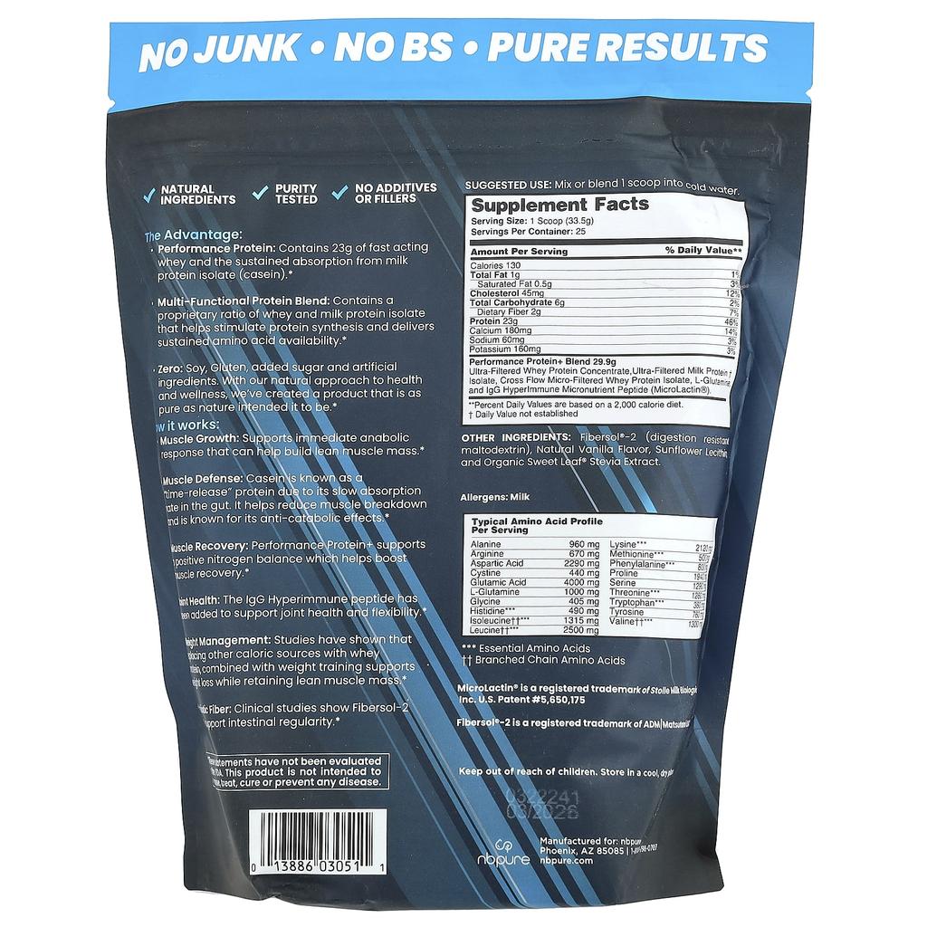 NB Pure, Performance Protein+, Vanilla, 1.8 lb (837.5 g)