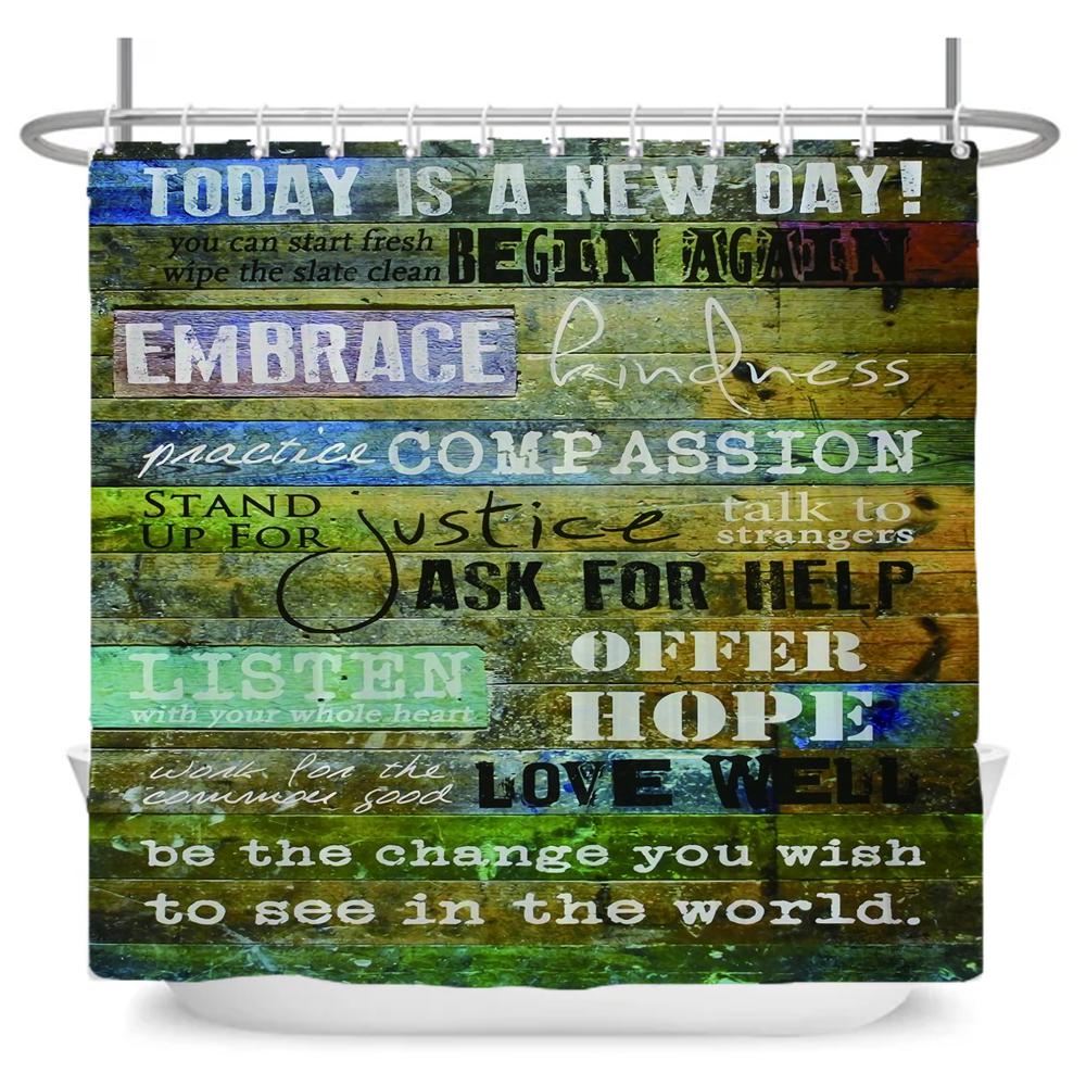 Vintage Rustic Style Wood Grain Letter Shower Curtains Bathroom Curtain Waterproof Polyester Decor Curtain with Hooks Wall Cloth