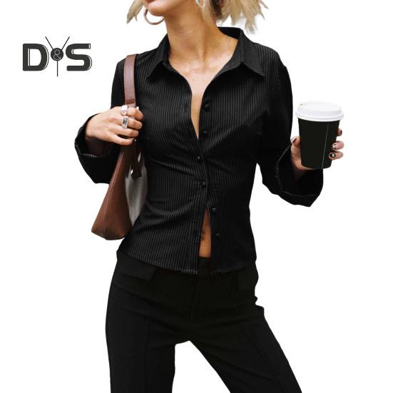 

Женская рубашка с лацканами, длинным рукавом, полосатым принтом, рубашка с пуговицами, планка, облегающий крой, универсальные топы, повседневная одежда S чёрный