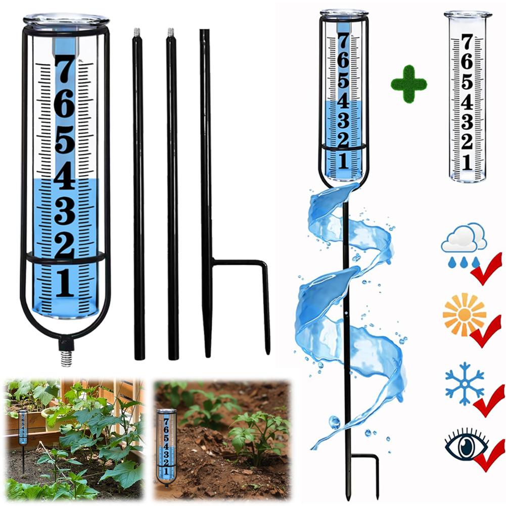 Outdoor Freeze Proof Rain Gauge Large Clear Number with Thickened Plastic Tube & Metal Stake Adjustable Height Rain Water Meter