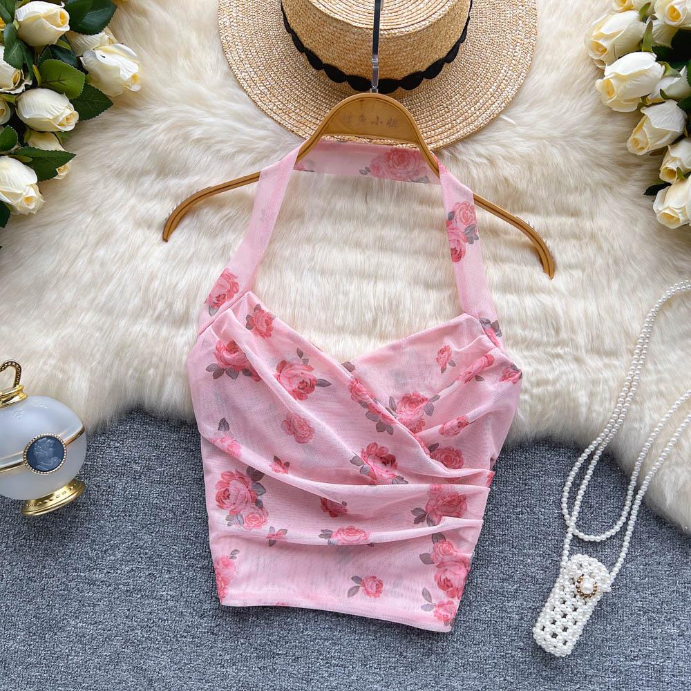 Dámske Sladké Šifónové Potlačené Camis Letné Halter Bez Chrbta Sieťované Tank Topy Vintage Bez Rukávov Štíhle Dobby Základy Crop Top Y2k
