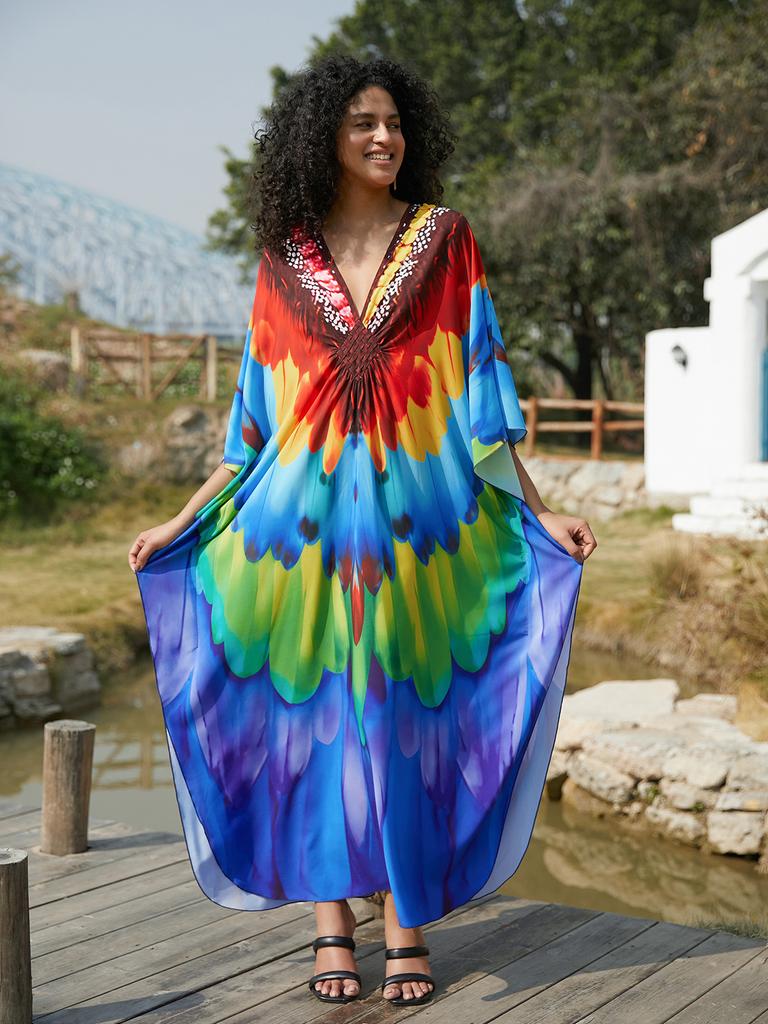 EDOLYNSA 2025 Elegant Print Plus Size Kaftan Women's Retro V-Neck Woven Batwing Sleeve Long Dress Sexy Beach Swimsuit Cover-up Q1634-8774-11