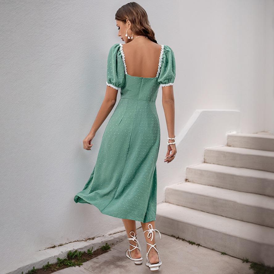 YYFS Dámská móda Léto Jaro Jednobarevný potisk Krátký rukáv Čtvercový límec Neformální šaty s vysokým pasem