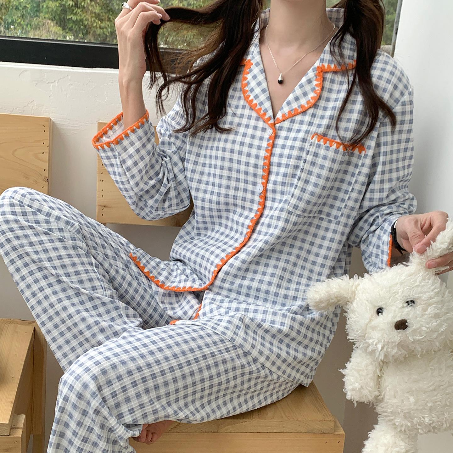 Women s Spring Plaid Cardigan Pajama Set - Shell Collar, Waffle Knit, Faux Cotton, Long Sleeve Casual Homewear L