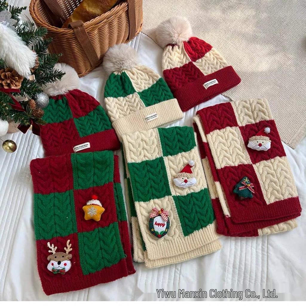 Korean-Style Kids' Christmas Scarf & Beanie Set: Warm Knit Neck Warmer for Boys & Girls