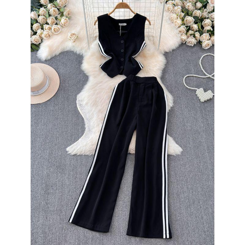 Suit Vest Suit Women's 2024 New Arrival Summer Single-Breasted Short Vest Tops Straight-leg Loose Pants Two-piece Set
