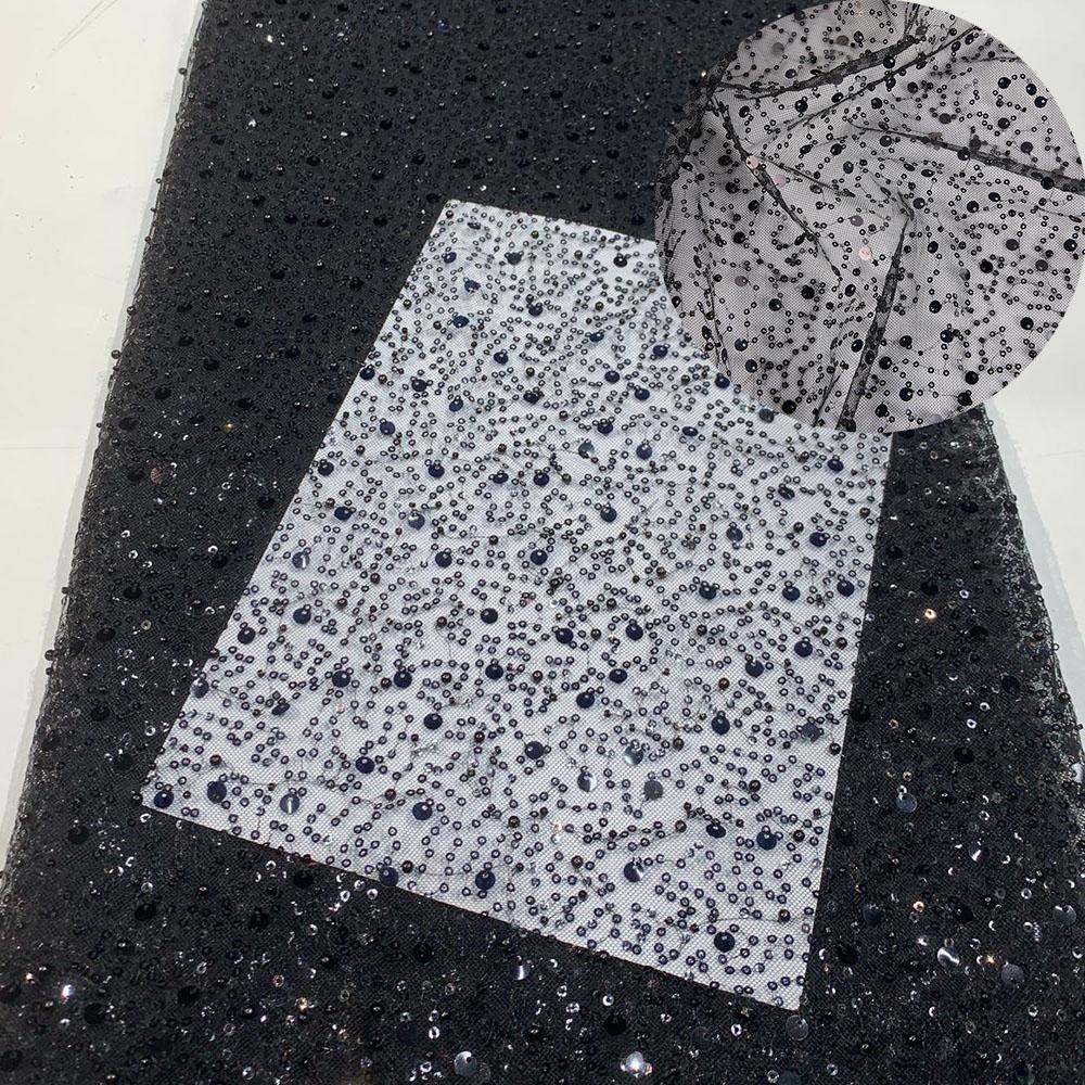 French Style Sequin Mesh Lace Fabric Pearl Bead Heavy Craft Tulle Soft Net For Sewing Women Luxury Dress Robe Trailing Trimming