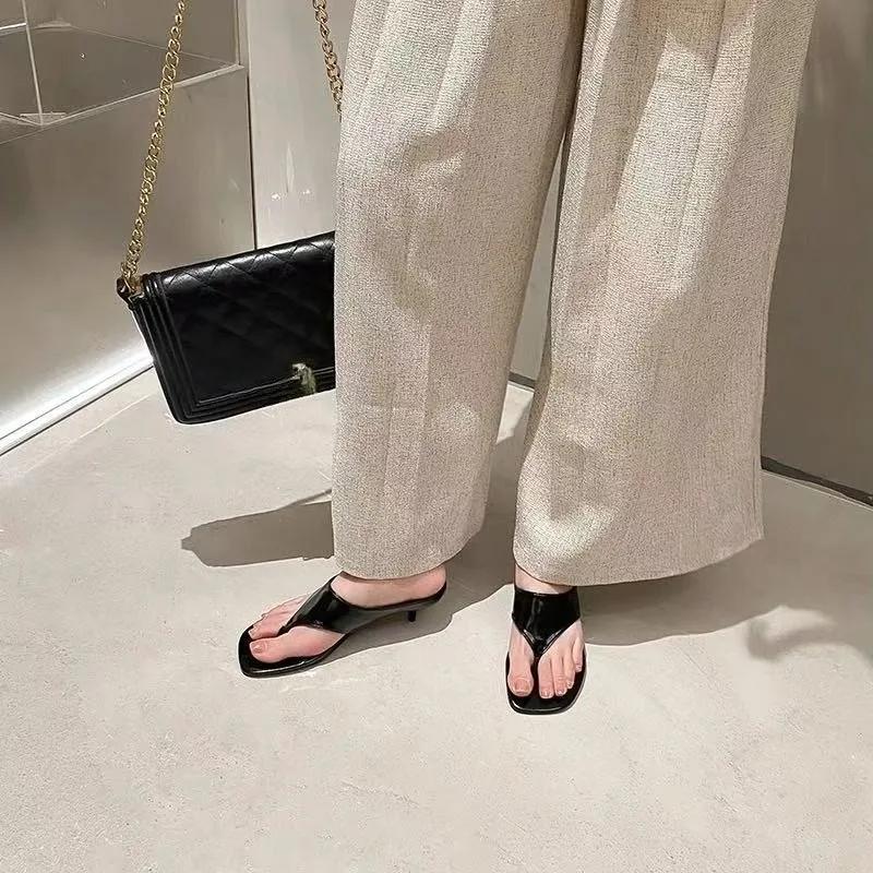 Fashion Spring Summer New Mid Heel Sandals Women's Slimming High Heels Flat Head Toe Straps Shoes Comfortable Breathable Slip-On Sandals