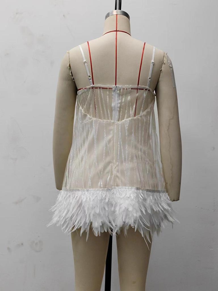 2025 European & American Style Party Dress: Sexy Backless Short Skirt with Layered Tassels, Beaded Mesh & Spaghetti Straps