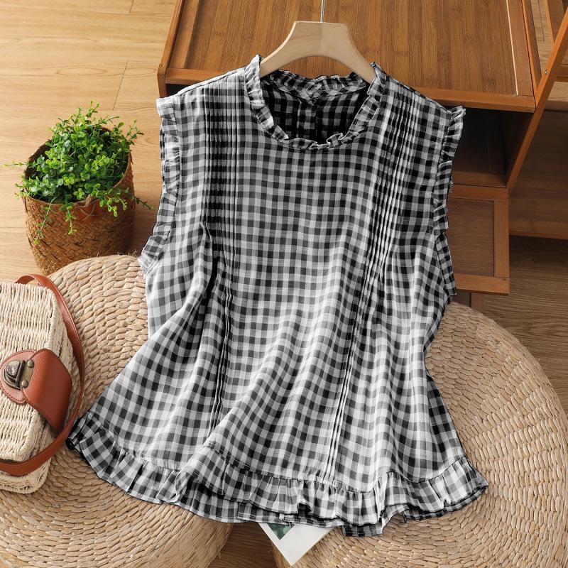 2025 Summer Korean Style Plaid Ruffle Sleeveless Top - Women s Slim Fit, Versatile & Trendy L