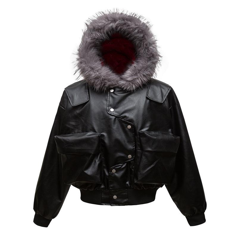 

Men s European & American Style Trendy Motorcycle PU Leather Hooded Jacket with Velvet Lining XL чорний