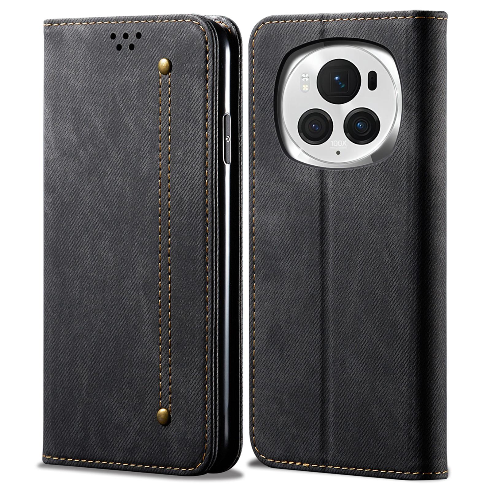 

For Honor Magic6 Pro 5G Leather Case Wallet Phone Cover Jeans Cloth Texture Black