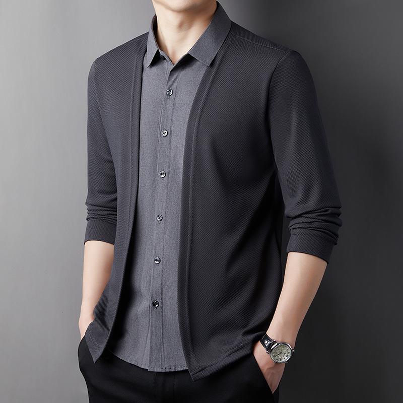 Spring Men's Two-in-One Shirt Sweater Cardigan Knitted Pullover