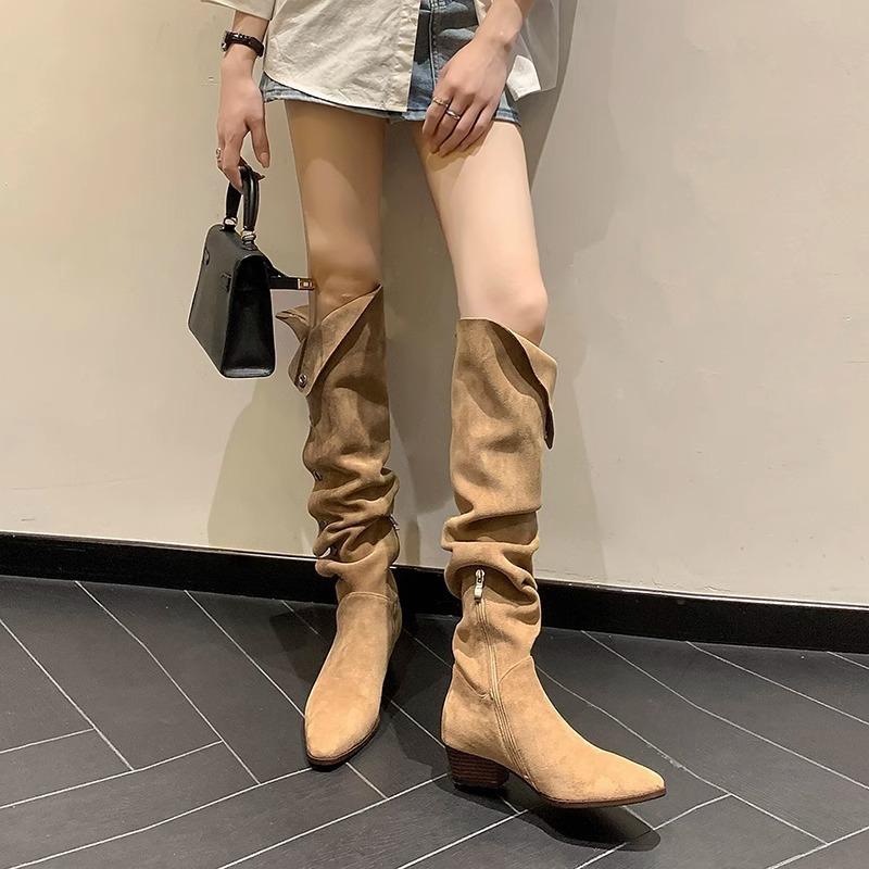2025 pointed toe matte suede western cowboy boots high heel knight boots short stacking boots women's fashion boots tide