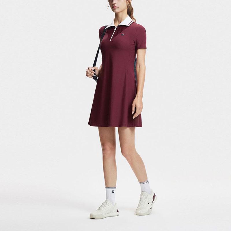 Fila Color Block Logo Tennis Polo Dress With Shorts Women Dresses Wine-Red A11W423304F-WI