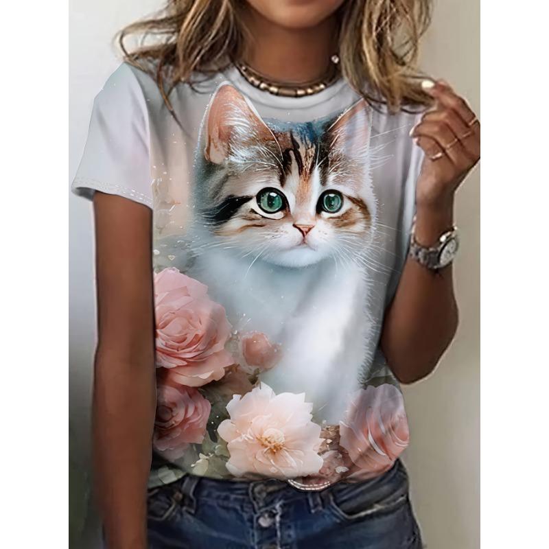 Women's Printed T-shirt with Cat Pattern - Casual Short-Sleeved Top - Large Size - Women's Clothing