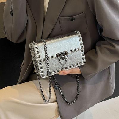 Rivet Small Shoulder Bags For Women Black Punk Style Crossbody Bag Fashion Chain Flap Bag Leather Purses Designer Female Handbag