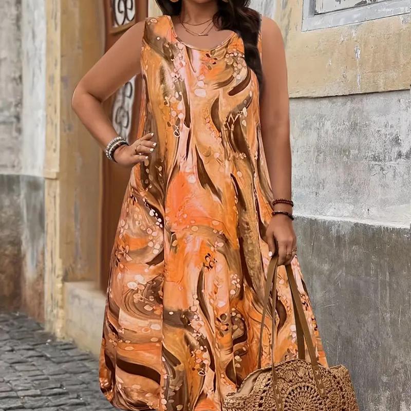 

Женское разноцветное платье без рукавов с круглым вырезом, свободное, мягкое и удобное, большого размера 8XL оранжевый