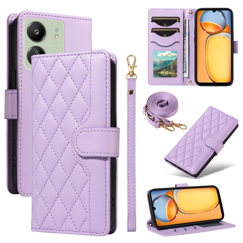 For Xiaomi Redmi 13C 5G/13C 4G/13R 5G/ Poco C65 4G/Poco M6 5G Case Wallet Rhombus Leather Phone Cover with Shoulder Strap,Wrist Strap
