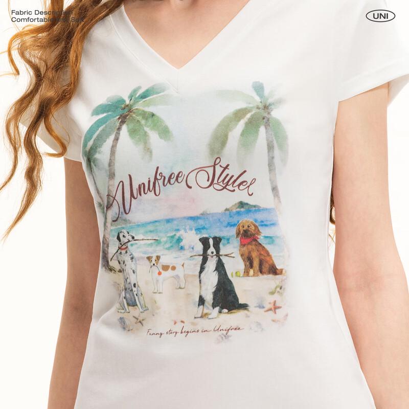UNIFREE Plus Size Korean Style Cute Pet Print V-Neck T-Shirt