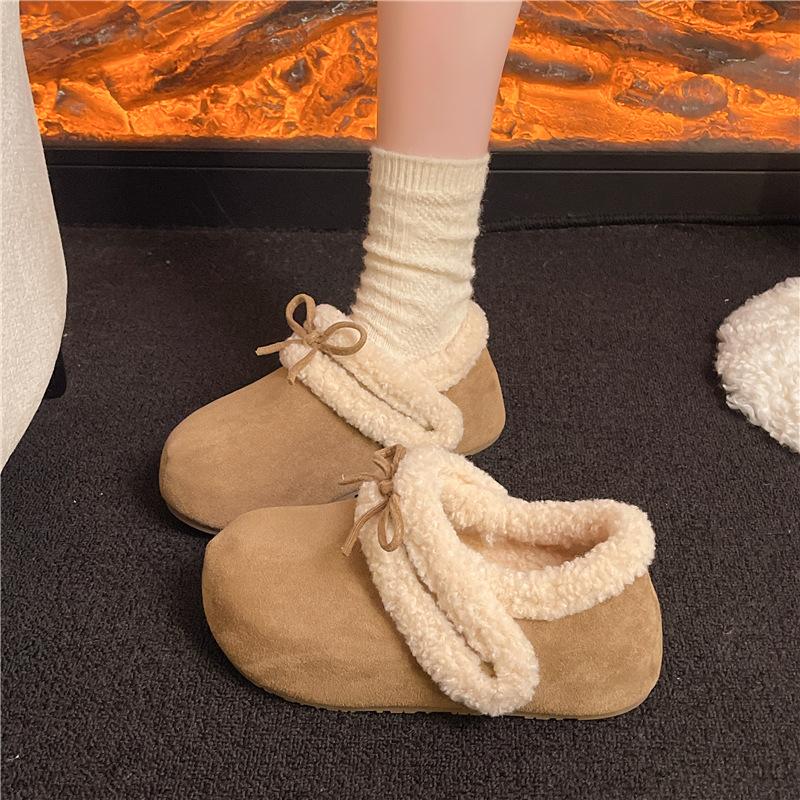 Women's Lightweight Comfortable Non-slip Heightening Winter Warm Plush Lining Non-slip Wearable Casual Stirrup Foot Cotton Slippers