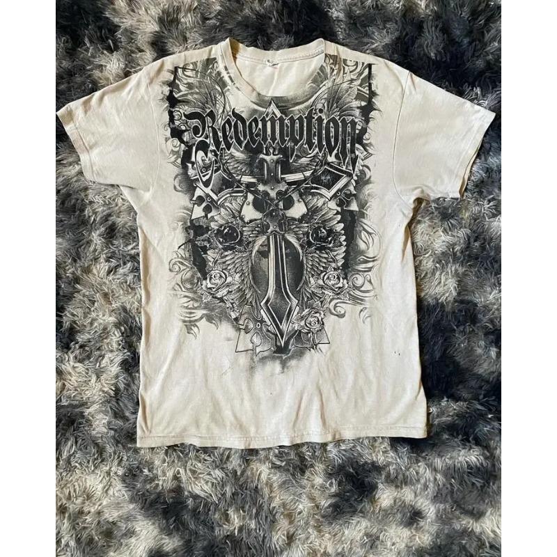 Y2K Red Gothic Thorn Totem Printing Harajuku Style T Shirt High Street Broken Feeling Mens Short Sleeves Couple Collocation