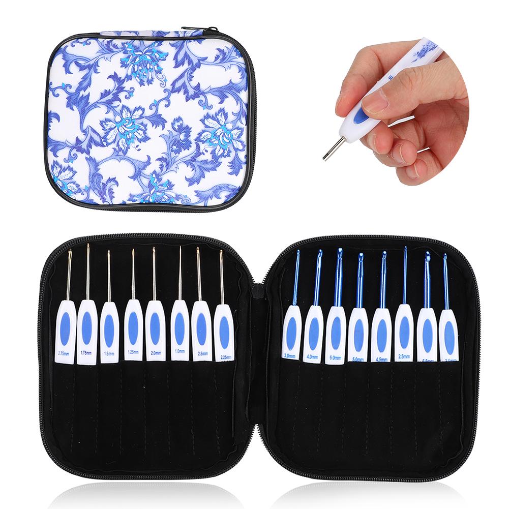 DIY Knitting Tool Crochet Hook Aluminum Set with Blue & White Porcelain Pattern Handle(Blue