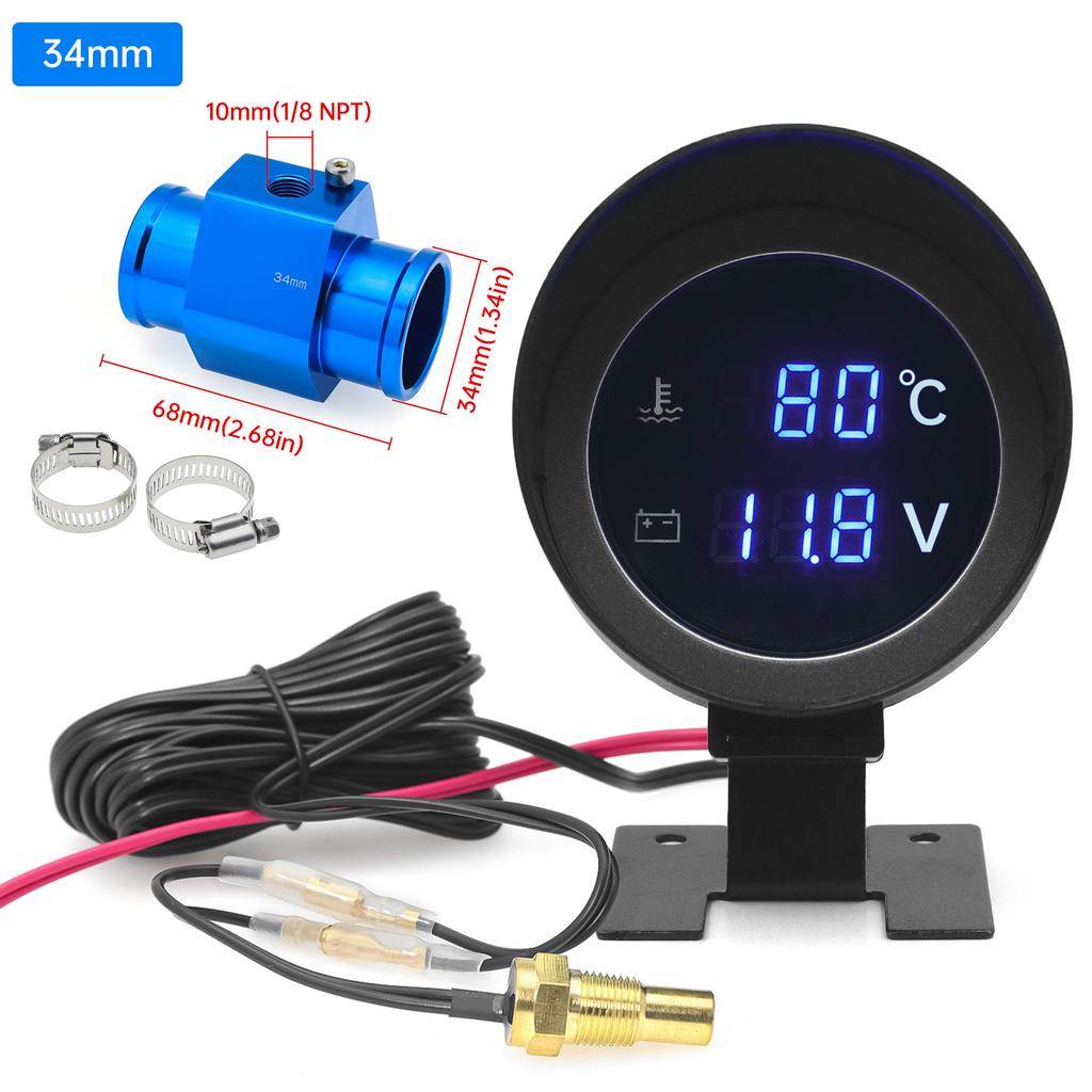 AD Round Led Digital Car Water Temp Gauge  + Voltmeter 2in1 Water Temperature Adapter Moto Volt Meter + Water Temp Sensor 10mm