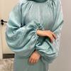 Damenkleidung, einfarbig, große Laternenärmel, helle Seide, lange Ärmel, Stehkragen, Rückenbindung, muslimisches Kleid, 6 Farben