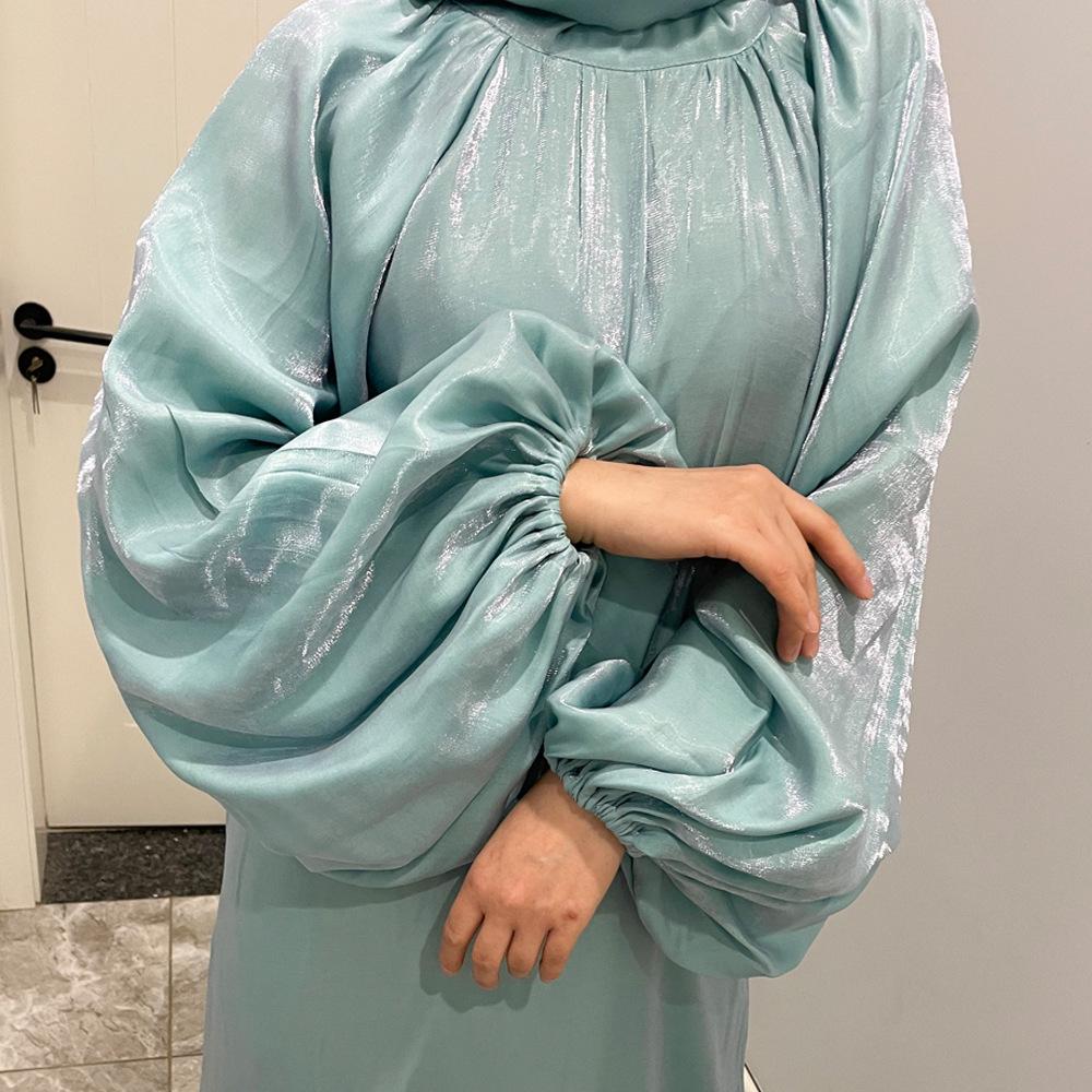 Damenkleidung, einfarbig, große Laternenärmel, helle Seide, lange Ärmel, Stehkragen, Rückenbindung, muslimisches Kleid, 6 Farben
