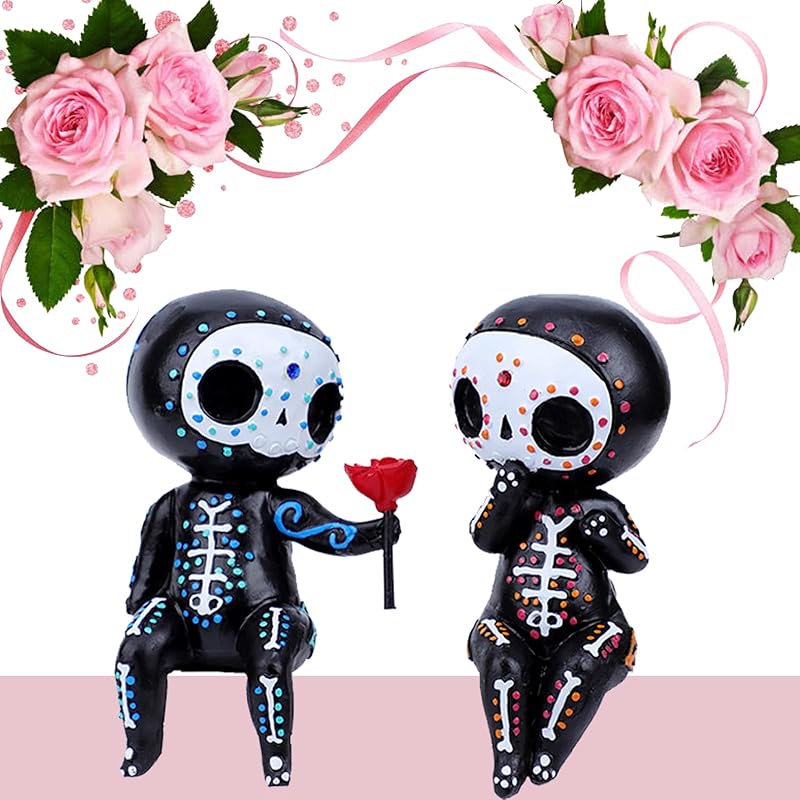 Sugar Skull Decor - Sugar Skull Couple Statue for Halloween Home Decor - Day of The Dead Decor for Home - Resin Crafts Skeleton Memorial Sculpture -