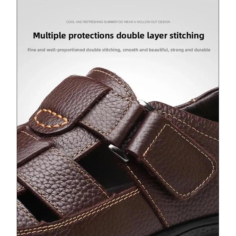 Men's Leather Sandals Breathable Summer Casual Shoes Soft Bottom Anti-Slip Hollow Out Dad Shoes