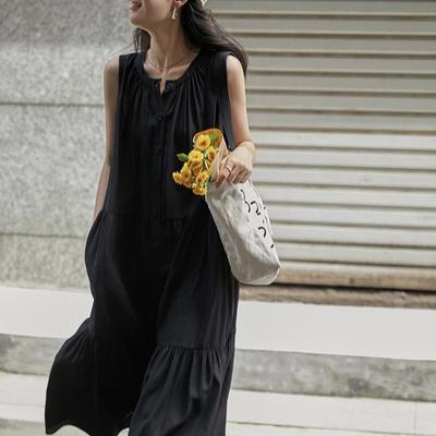 Lässiges Sommer Slim Ärmelloses Schwarzes Texturiertes Maxikleid