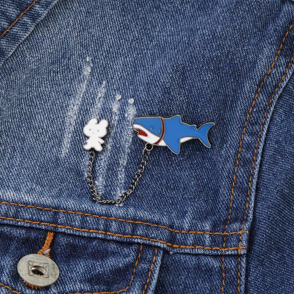 Cartoon Cute Rabbit Holding Shark Dinosaur Chain Lapel Pins Manga Anime Animal Brooches For Kids Backpack Bag Badge Gift