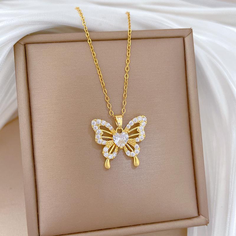 

Sweet Butterfly Pendant Necklace for Women Girls Gold Color Luxury Zircon Butterfly Charm Stainless Steel Chain Jewelry Gifts
